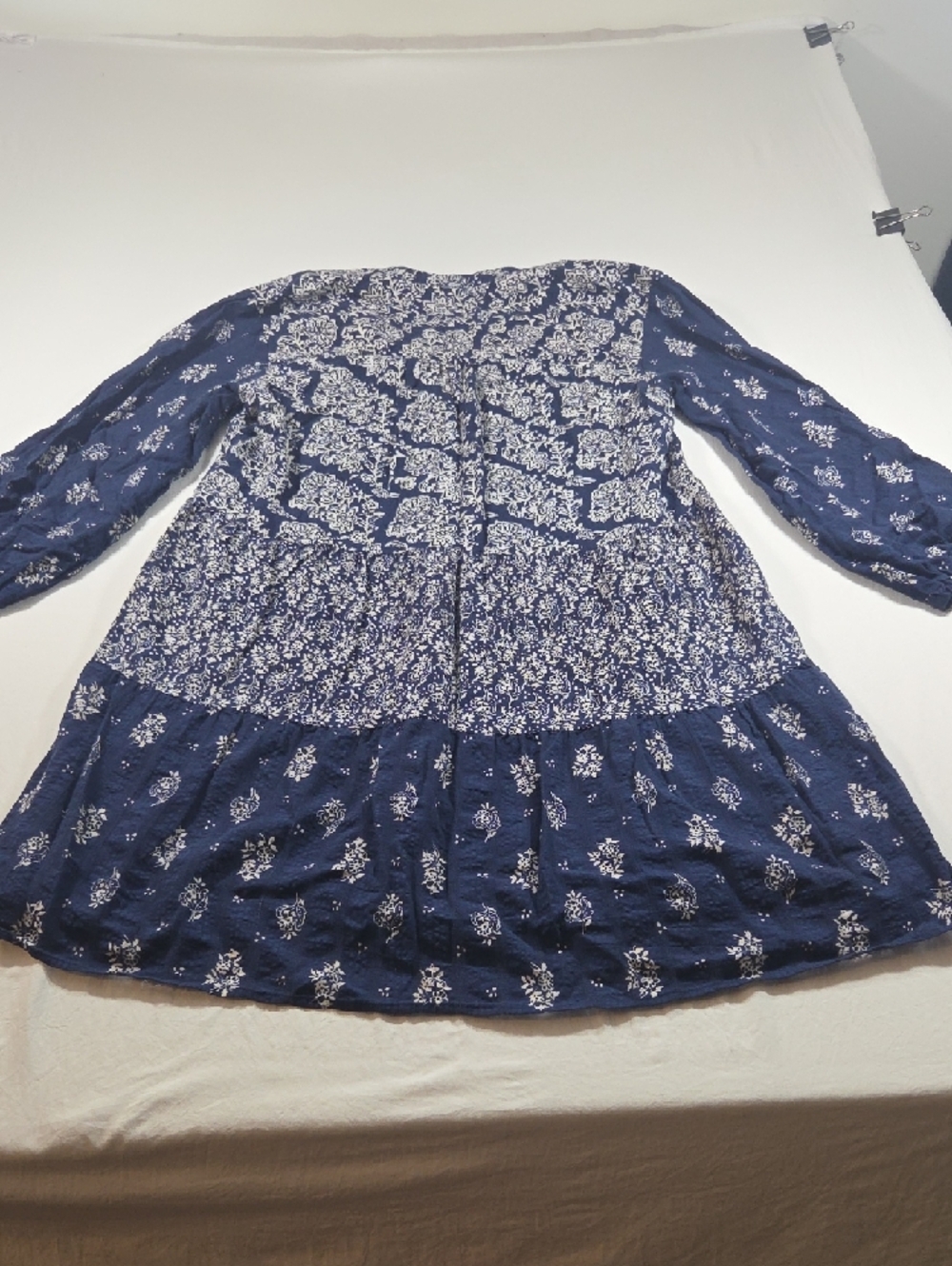 Anthropologie Maeve Navy White Boho Long-Sleeve Tiered Floral Dress Tassel Vneck - Picture 13 of 16